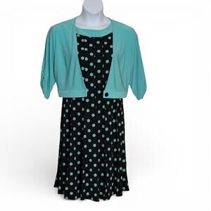 Chelsea Suite Polka Dot Dress With Jacket Size Petite 12 Aqua Blue Black Jersey